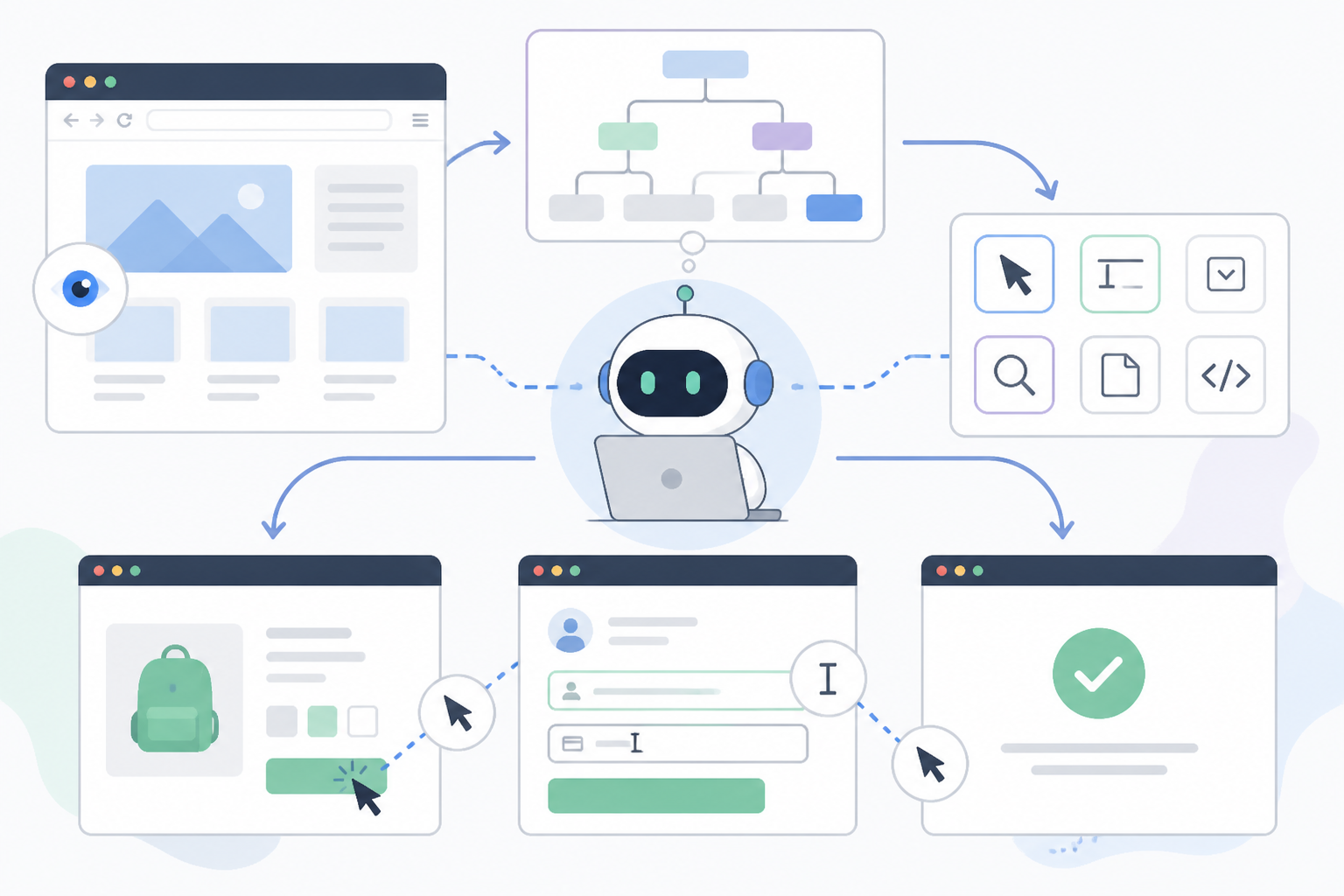Diagram of an AI agent combining page visuals, DOM structure, and tool actions across browser views.