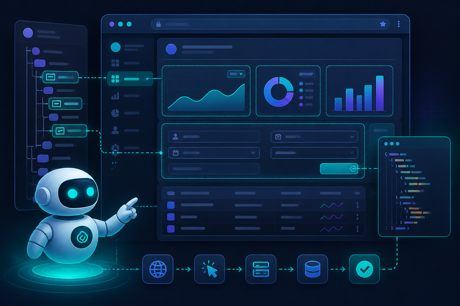 Illustration of an AI browser agent navigating a web dashboard with highlighted interactive elements.
